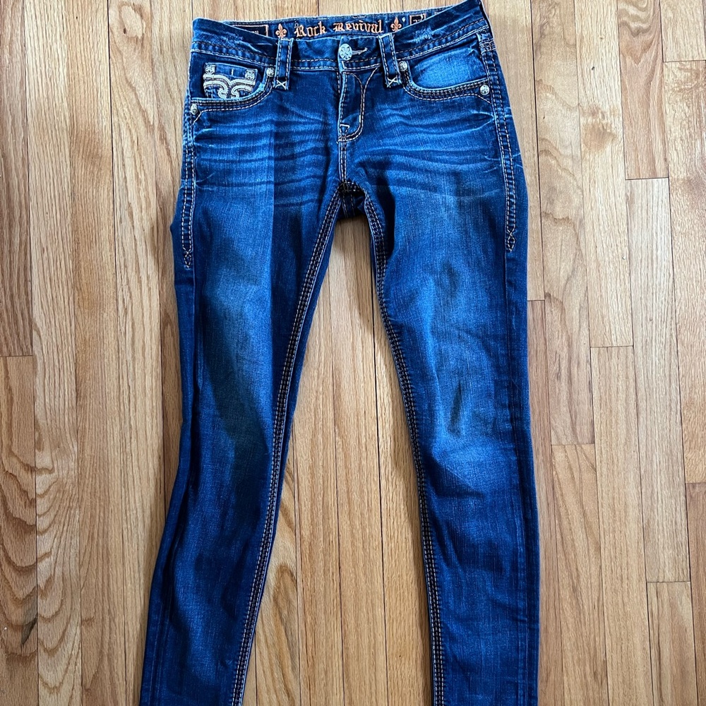 Rock Revival Women 27 Kila Skinny Stretch Dark Blue Jeans Embellished Flap Denim